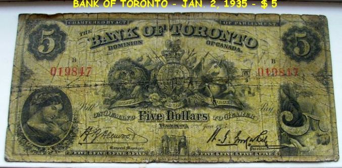 Old-Note--Bank-Of-Toronto--$-5---Jan.-2,-1935